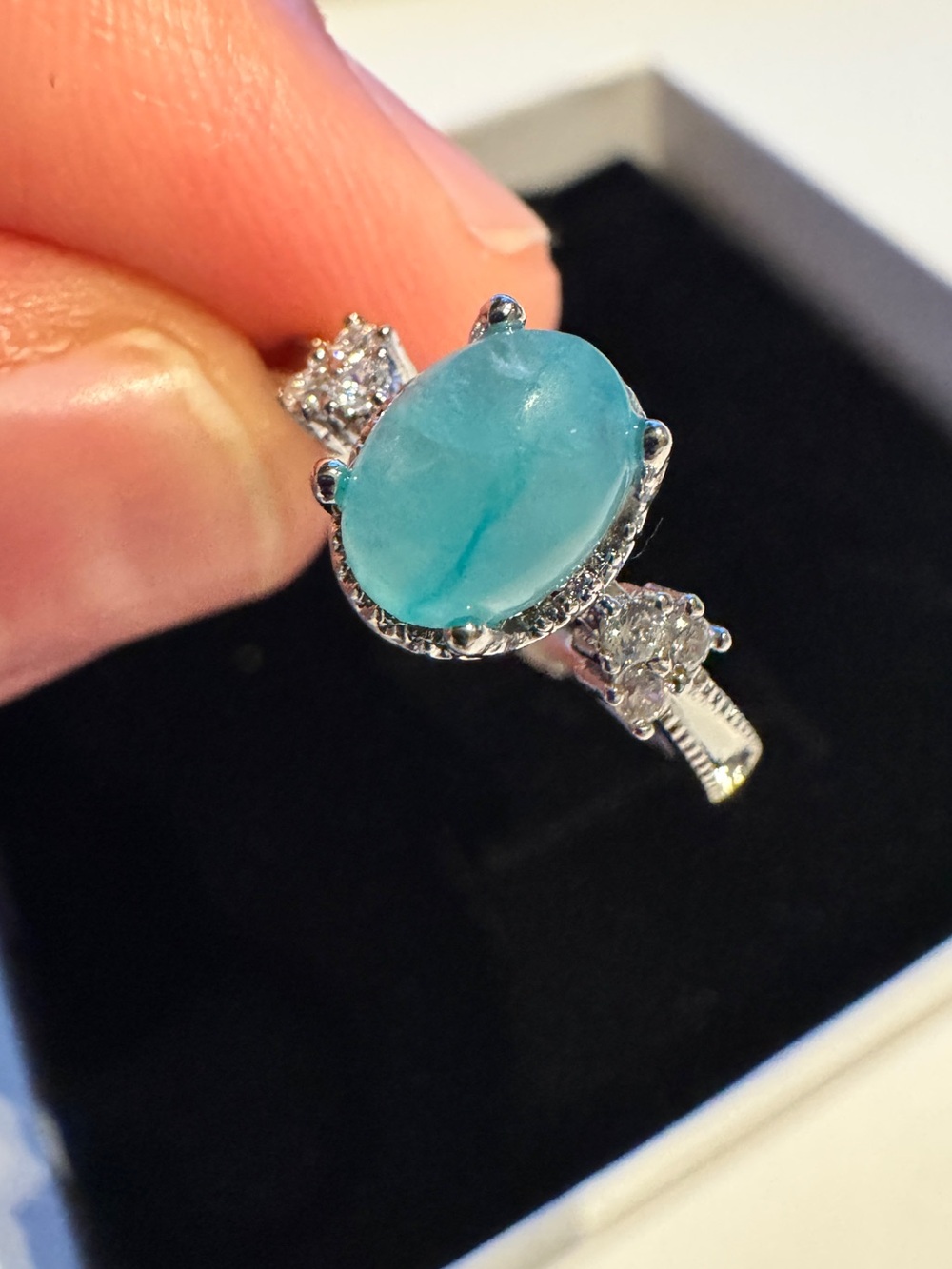 Amazonite Blue Oval Stone and Side Crystals Ring adjustable size
